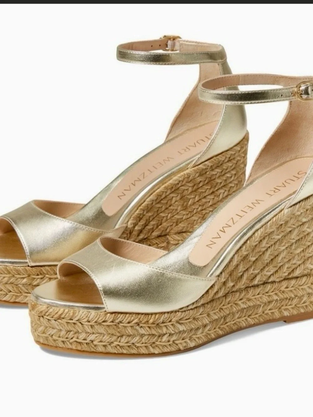 Stuart Weitzman Nudistcurve Metallic Gold Espadrille Wedge Sandals w/Ankle Strap - Picture 2 of 16